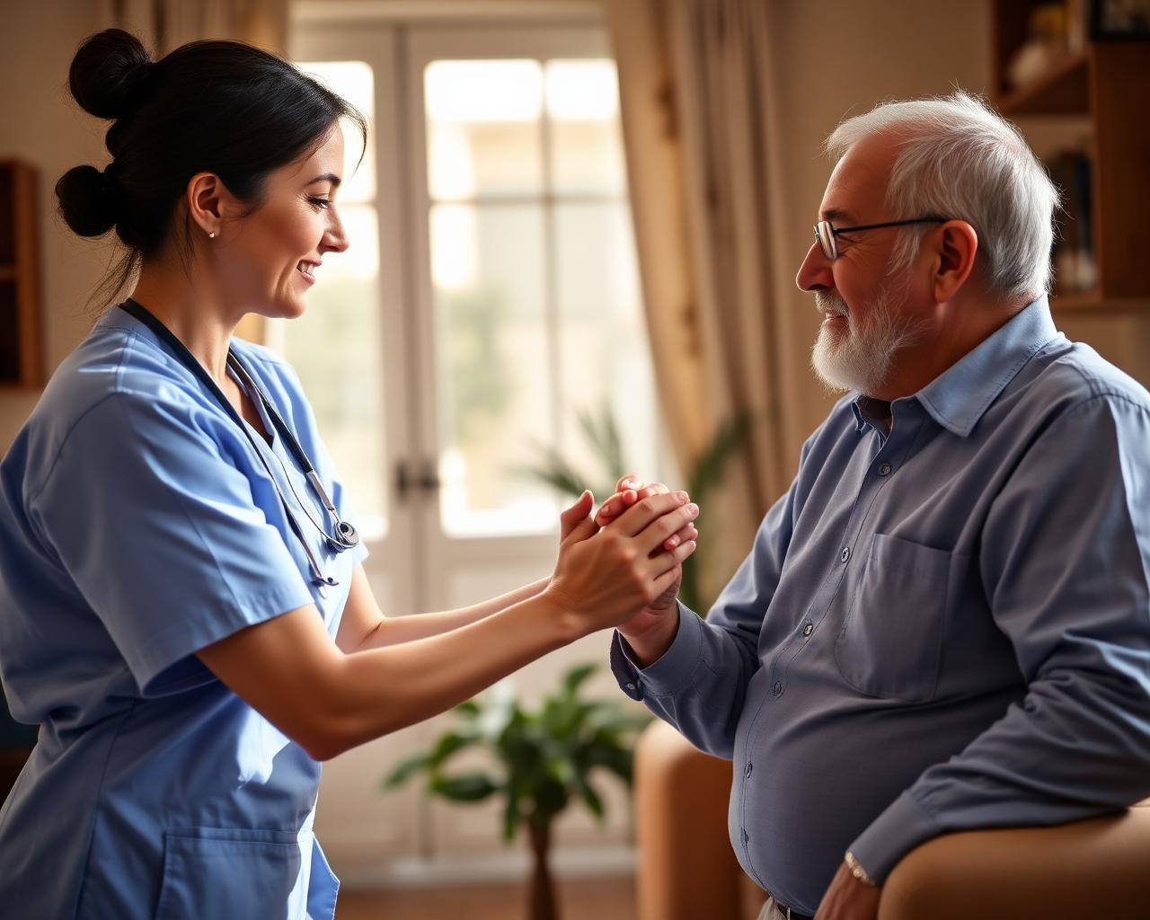 Profissional de home care segurando as mãos de um senhor